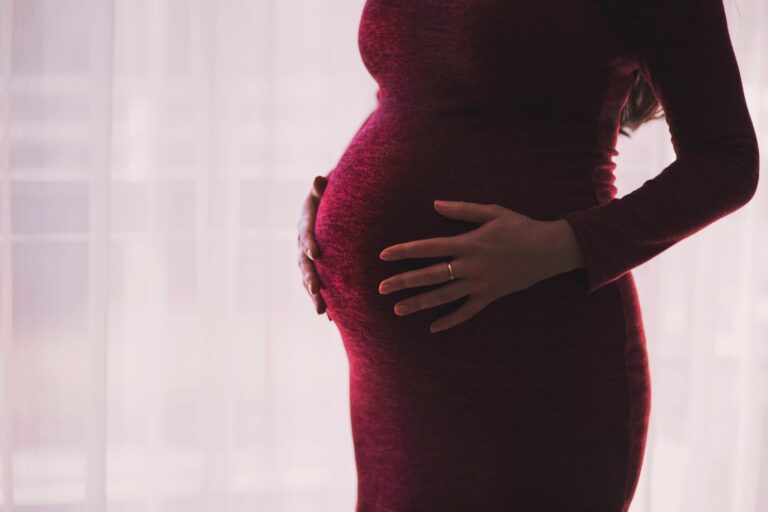 silhouette of a pregnant woman gently holding her belly, emphasizing motherhood and anticipation.