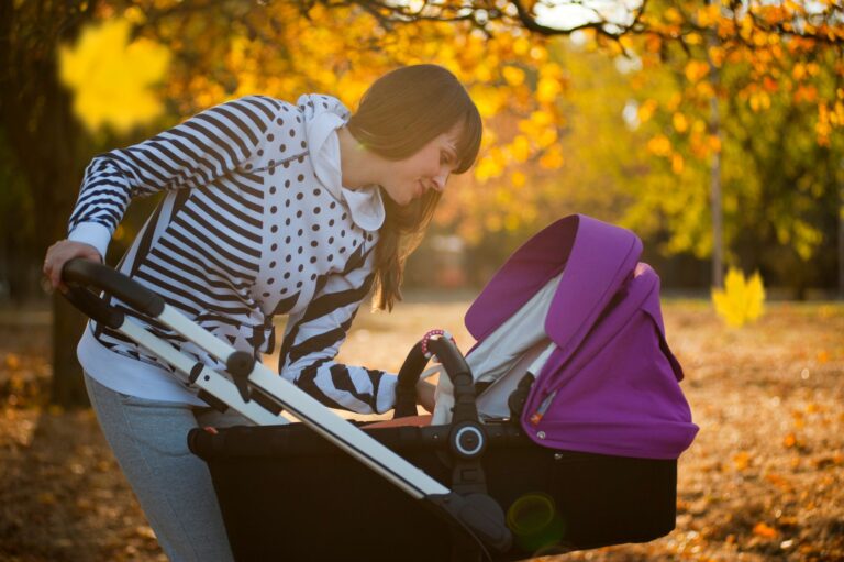 a mother smiling down at her baby in a stroller during an autumn stroll in a park.