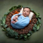 cute baby wrapped in blue blanket, lying in a nest surrounded by leaves.