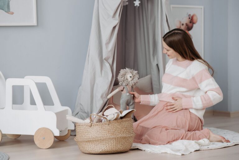 pregnant woman in a cozy nursery setting, surrounded by toys, symbolizing anticipation and motherhood.