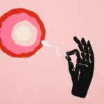 illustration depicting fertilization with ovum and sperm on a pink background.