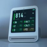 a sleek air quality monitor showing co2 and other air metrics, ideal for smart homes.